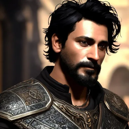 Prompt: realistic portrait, 40-year-old, male, dark-skinned, hair is short on sides and longer on top, wavy black hair, short beard, necromancer, armored, shiny black armor, skull-like pauldrons