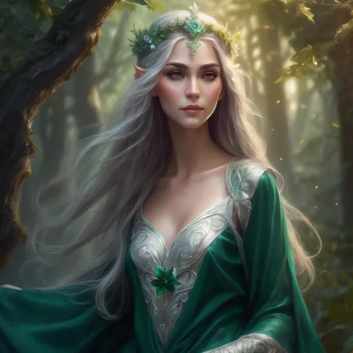 Prompt: Adult slim female elf royalty, graceful posture, ethereal elegance, adorned in intricate silver and emerald robes, wearing a delicate crown, long flowing hair adorned with flowers, serene expression, surrounded by enchanted forest backdrop, magical soft lighting highlighting her features, enchanting atmosphere, mystical aura, ultra-detailed, high quality.