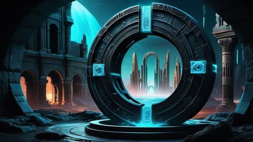 Prompt: magical portal between cities realms worlds kingdoms, circular portal, ring standing on edge, upright ring, freestanding ring, hieroglyphs on ring, complete ring, ancient roman architecture, atlantis setting, blue aurora borealis, panoramic view, dark night, futuristic cyberpunk tech-noir setting