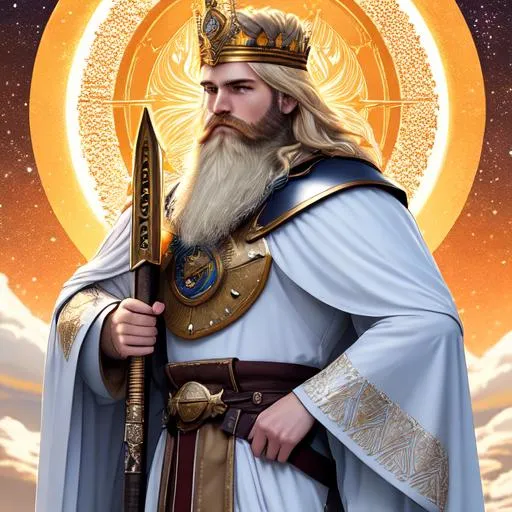 Prompt: paladin, morning star and shield, wielding morning star, beard, with crown, majestic, sandy blonde hair, intricate, full body shot, highly detailed, solar eclipse, bright lighting, visible symmetrical face, UHD, single light source, perfect composition, photo real, realistic, super detailed, 8k, high quality, sharp focus, intricate details, highly detailed, masterpiece