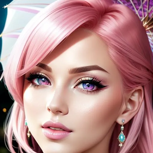 Prompt: {{{{highest quality splash art masterpiece}}}} {upper body long shot} of beautiful stunning gorgeous cute feminine woman with {{hyperrealistic intricate pink angled bob hair}} and {{hyperrealistic beautiful pink eyes}} and hyperrealistic feminine gorgeous stunning cute soft face and pointy nose and big lips, {{holding hyperrealistic intricate cute pink opened umbrella}} in the rain, soft white skin, red blush cheeks, cute shy smile, {backlit}, {{hyperrealistic intricate seductive pink lingerie}} with {deep exposed cleavage} and visible abdominal muscles, {abs}, hyperrealistic toned body, {{seductive love gaze at camera}}, {{looking over shoulder}}, {{blurred hyperrealistic rainy street in background}}, hyperrealistic intricate rain and city at dawn, cinematic glamour lighting, backlight, action shot, intricately hyperdetailed, perfect face, perfect body, perfect anatomy, hyperrealistic, hyperrealism, mythical, epic fantasy, sharp focus, glamour, volumetric lighting, studio lighting, triadic colors, occlusion, ultra-realistic, dramatic lighting, beauty, hot sensual feminine romance, facial expression, professional photography, perfect composition, unreal engine octane, 3d lighting, UHD, HDR, {128K}, render, HD, trending on artstation, full body front view, realistic, concept art, highres, fine, smooth, 3d illustration, centered, symmetry, ultimate, hyperrealistic digital art, painted, shadows, contrast, approaching perfection, stunning goddess, fantastical, elegant, majestic, {{huge breast}}, {{sexy}}