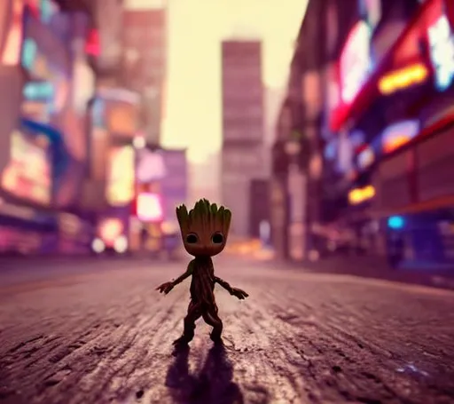 Prompt: A small cute baby groot standing in cyberpunk city, cute, adorable, 3D Render, 4k