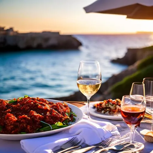 Prompt: "Generate an image of a romantic dinner scene for two at the beach in Polignano a Mare, Italy, known for its stunning coastal views. Set a table right by the shoreline, creating a picturesque beachside dining experience. Ensure that the beautiful serving platter with a mouthwatering lasagna, rich in bolognese sauce, is prominently featured as the centerpiece of the scene. Additionally, include two glasses, one with exceptionally refreshing and sparkling green grape juice with plenty of ice cubes and the other with crisp apple juice, making the lasagna and the juices the focal points. The romantic ambiance should complement this beautiful Italian coastal setting."."


" ultra hd, realistic, vivid colors, highly detailed, UHD drawing, pen and ink, perfect composition, beautiful detailed intricate insanely detailed octane render trending on artstation, 8k artistic photography, photorealistic concept art, soft natural volumetric cinematic perfect light"

