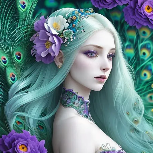 Prompt: dynamic composition of a pale skinned woman with hair of flowers and peacock plummage  of aqua and purple, ornate details,facial closeup, 