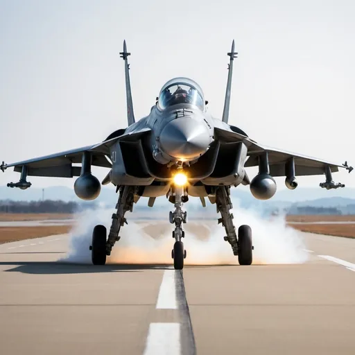 Prompt: Draw a Korean KF-50 fighter jet preparing to take off from the runway. The pilot is in the controls of the fighter and is giving the thumbs up of one hand to mark the best. The fighter jet is facing the front and should be fully visible.