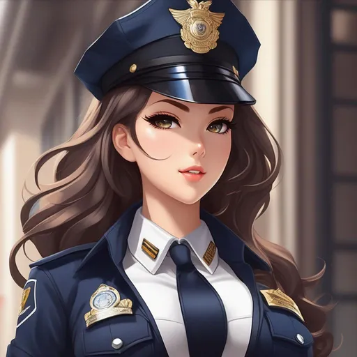 Prompt: anime waifu girl embodying both authority and allure in a cop outfit. Emphasize her confident presence, accentuating her busty figure, wide hips, and captivating thick thighs within the uniform. Capture the perfect balance between power and charm as she dons the cop attire, exuding a magnetic charisma that showcases her unique blend of strength and femininity. Her hair is crimson red, skin showing 
