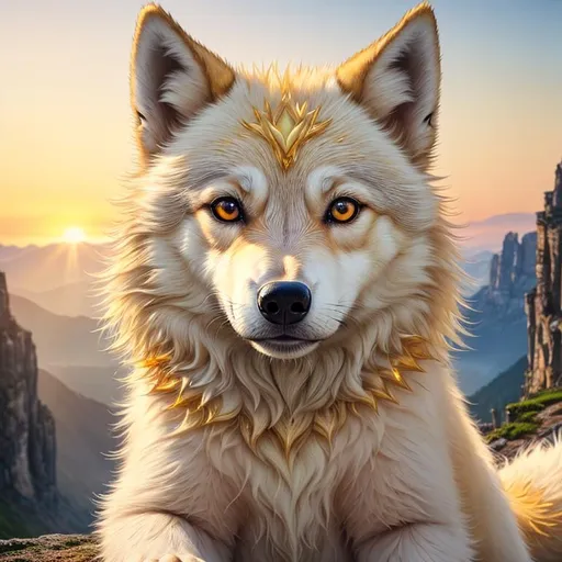 Prompt: (masterpiece, professional oil painting, epic digital art, best quality:1.5), insanely beautiful wolf pup, luminous {pale yellow eyes}, bushy white fur, golden nose, howling, big intense 8k eyes, intricately detailed eyes, golden sunrise, cliffside, blue eyes, bushy tail, mountains, UHD, sharp, very detailed, detailed fur, full body focus, beautifully detailed background, cinematic, Yuino Chiri, Kentaro Miura, 64K, UHD, intricate detail, high quality, high detail, masterpiece, intricate facial detail, high quality, detailed face, intricate quality, intricate eye detail, highly detailed, high resolution scan, intricate detailed, highly detailed face, very detailed, high resolution