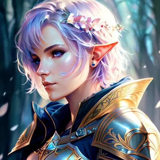 Prompt: paladin, armor, short hair, caplet and hood, female elf, tattoo on cheek, UHD, 8K, high fantasy, (((art by Agnes Cecile))), 