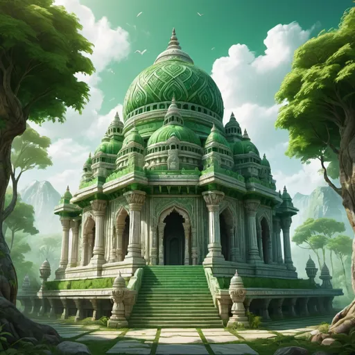 Prompt: Game RPG fantasy illustration of an Indian temple, entire structure with high dome, green and white marble materials, lush green surroundings, intricate carvings and ornate details, immersive world-building, high quality, detailed, epic scale, fantasy, game style, vibrant colors, atmospheric lighting
