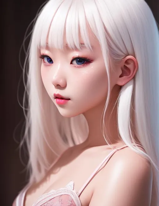 Prompt: medium-length white hair, a young South Korean girl wearing pink lingerie, a proportional body, a highly detailed face, beautiful eyes, toned body, cinematic lighting, depth of field, photography, ((8k, RAW photo, highest quality, masterpiece), High detail RAW color photo professional photo, (realistic, photorealism:1. 5), (highest quality), (best shadow), (best illustration), ultra high resolution, highly detailed CG unified 8K wallpapers, physics-based rendering, cinematic lighting), photorealistic, photo, masterpiece, realistic, realism, photorealism, high contrast, photorealistic digital art trending on Artstation 8k HD high definition detailed realistic, detailed, skin texture, hyper detailed, realistic skin texture, armature, best quality, ultra high res, (photorealistic:1. 4), high resolution, detailed, raw photo, sharp, nikon d850 film stock photograph 4 kodak portra 400 camera f1. 6 lens rich colors hyper realistic lifelike texture dramatic lighting unreal engine trending on artstation cinestill 800