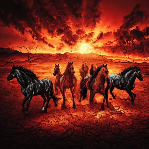 Prompt: 4 horsemen of the apocalypse merged with the 7 deadly sins, burnt world, sunset, choke