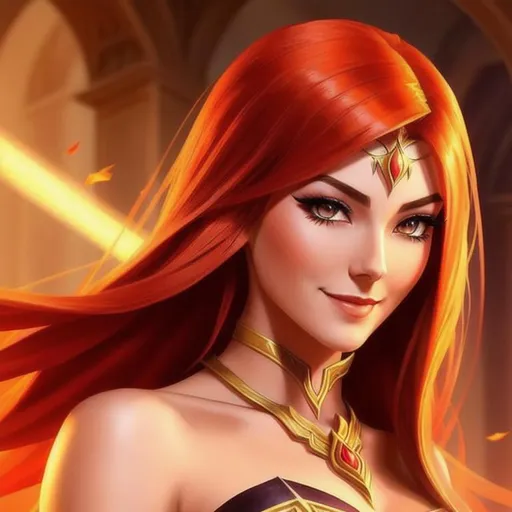 Prompt: Blood Elf from World of Warcraft, she looks like Audrey Hepburn, her hair is long and styled, she is wearing a gold orange red dungeons and dragons dress, excited, she has multicolored hair consisting of the colors of a sunrise, joyful smile, she is making eye contact, she has a teasing expression on her face, full body, ethereal, detailed real face, detailed real skin textures, highly detailed, real, alive, 4K, 8K quality, Big Eyes, 