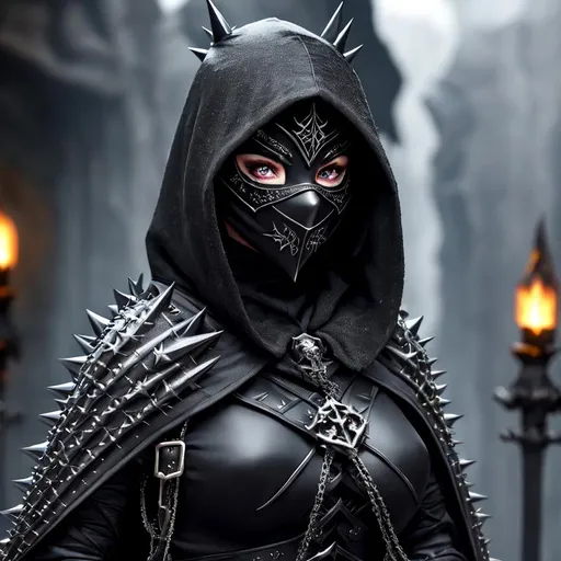 Prompt: a young dark female assasin with a hood that covers her eyes, mask that covers her nose and mouth, very spiky robe that is closed, a lot of facial tattoos black paint around eyes and spiky armour, Professional, Highly Detailed, Hyperrealistic, sharp focus, Professional, UHD, HDR, 8K, Render, HD, Trending on ArtStation, close up, bokeh, outdoor,