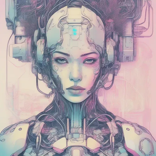 Prompt: beautiful female cyborg, risograph