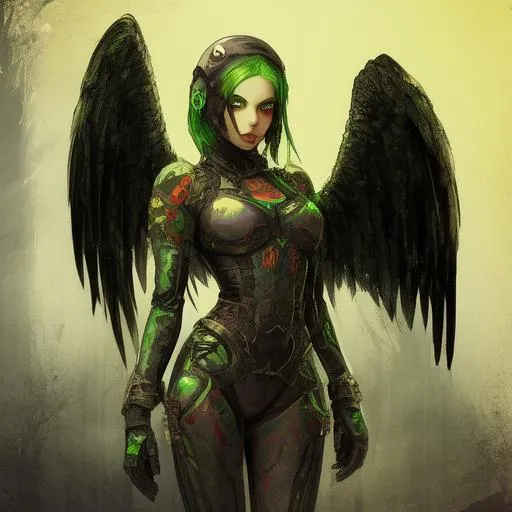 Prompt: Beautiful female angel of death, radiation, Chernobyl, green, gothic, stalker, tattoos, cyberpunk, mech, red fire