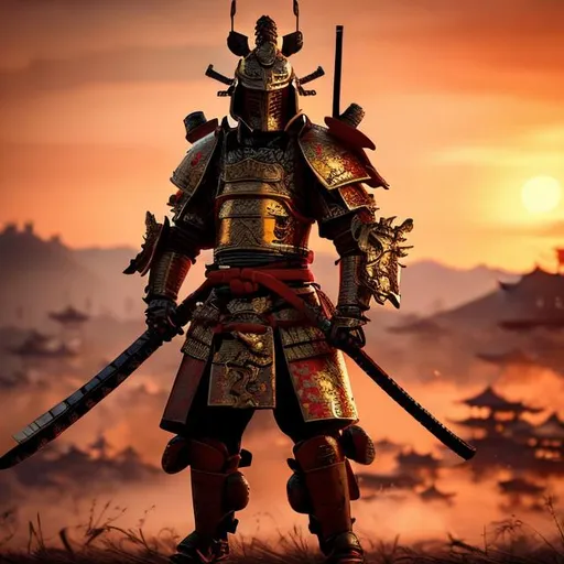 Prompt: Samurai with iron armour and dragon-themed helmet, golden katana looking at the sunset on a battlefield ultra-realistic