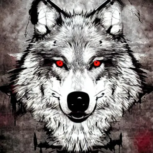 Prompt: scary wolf realastic, white, black and red
