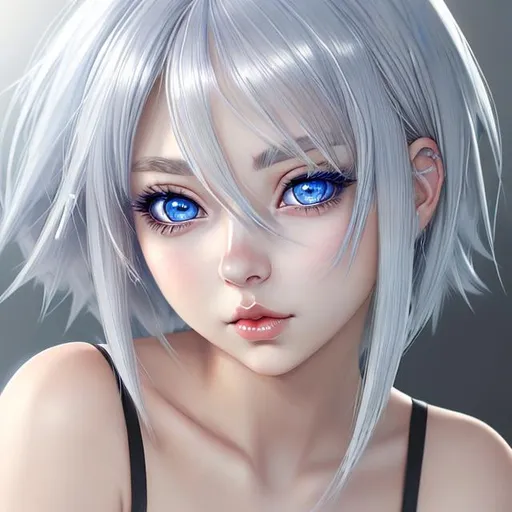Prompt: young woman,  silver hair that is short , blue eyes, plump lips, anime style
