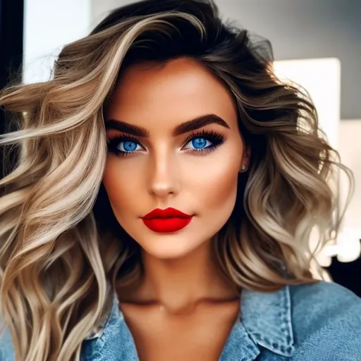 Prompt: 3rd person view of a woman, wavy blonde hair, blue eyes, red lips