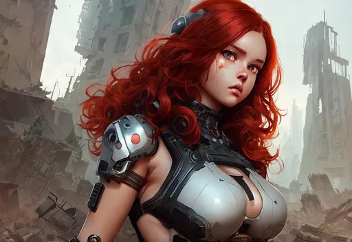 Prompt: female cyborg in ruins, post-apocalyptic, Ilya Kuvshinov, red hair, long curly hair, grey eyes, (((nude))), curvy,  hourglass body,  detailed body, round face, detailed face