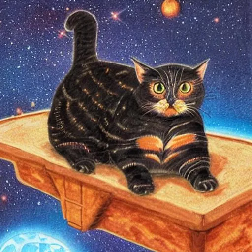 Prompt: tortoiseshell fat cat in space