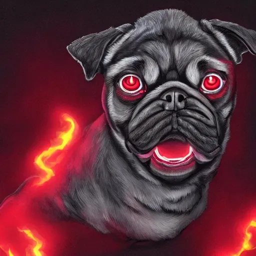 Prompt: Single cartoonist style demon pug hellhound with glowing eyes in a red mist
