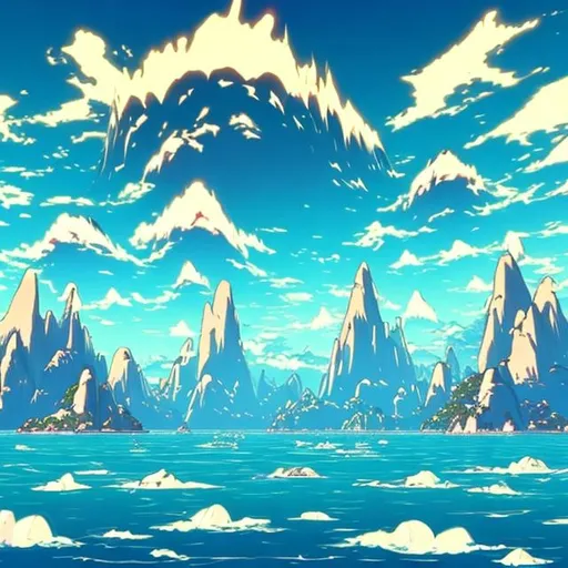 Prompt: giant islands floating in the sky with  flying sailboats anime style laser beam