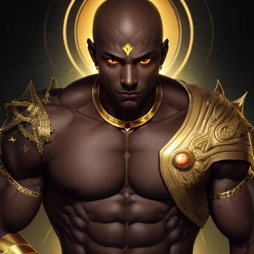 Prompt: portrait of a condescending bald dark-skinned Adonis with very brightly glowing golden eyes and abs
