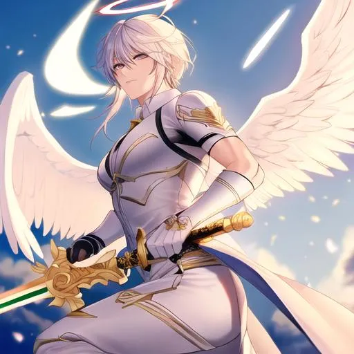 Prompt: 4k  on Tough looking male angel with wings and a halo (detailed face), wielding a holy sword, fighting
