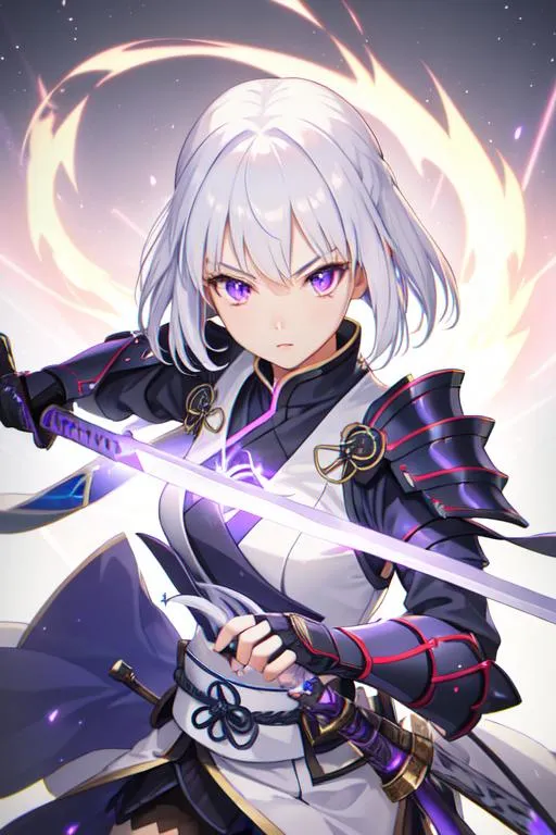 Prompt: 1girl, japanese armor, white hair, purple eyes, sword, ((holding sword)), blue flames, glowing weapon, light particles, wallpaper, chromatic aberration