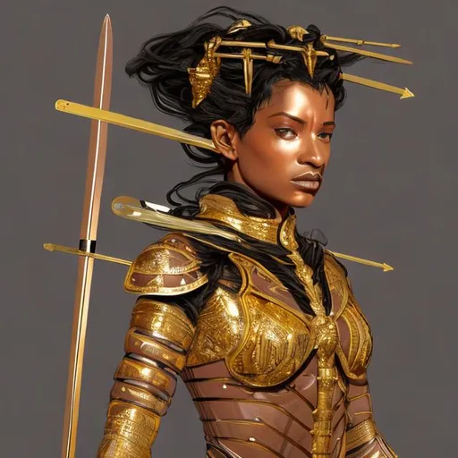 Prompt: Brown queen of swords wearing gold futuristic 
