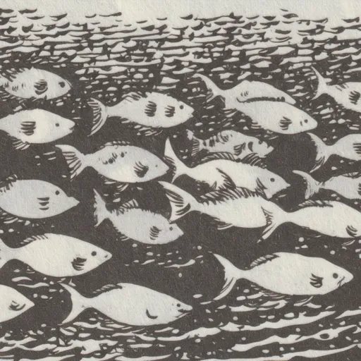 Prompt: a black and white tattoo of a school of fish