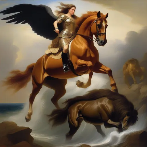 Prompt: (masterpiece, professional oil painting, epic digital art, best quality), a Chimera (((With the features of a Horse, Lion and a Whale))) being ridden by a unseen warrior