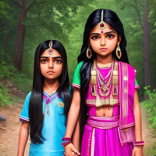 Prompt: Brother and sister, Indian girl, Indian girl long hair, holding hands, Indian boy, boy 6 years old, cute, beautiful, full lips, 4K, 16K, highly realistic, extremely detailed, photo realistic, photo quality, full boddy, nature in background