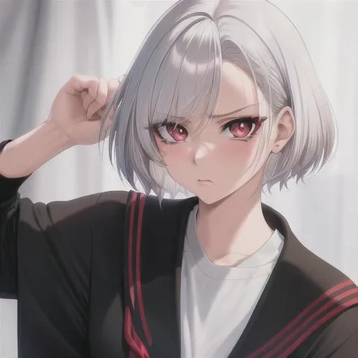 Prompt: 90s anime style, detailed, intricate face, portrait, detailed eyes, gentle tones, 90s tones, 90s era, 1girl, beautiful woman, short hair, {{white hair}}, red eyes, black pupil's, wearing school uniform, {{disgusted expression}}