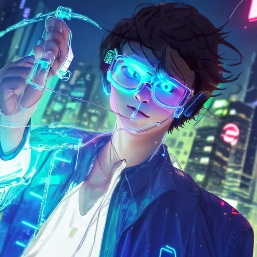 Prompt: a cute white blouse boy wearing transparent safety glasses and one his hand holding a glass PDA, behind him is cyberpunk city. his glasses and earphone glow. he is black hair