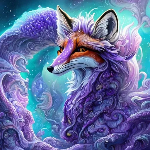 Prompt: masterpiece:1.5, detailed oil painting, insanely detailed, Best Quality:1.5) insanely beautiful wise vixen fox, ageless, ice elemental, lavender pelt, (veiled in auroras), psychedelic colors, (calm hypnotic eyes gleaming amethyst-violet), calm regal smile, stands majestically on a celestial mountain, gorgeous frosted silver mane, insanely detailed fur, insanely detailed eyes, insanely detailed face, slender, (magic violet highlights in fur), crackling lightning, ice storm, (lightning halo), tilted halo, lightning charged atmosphere, enchanting moonlight beaming through clouds, 64K