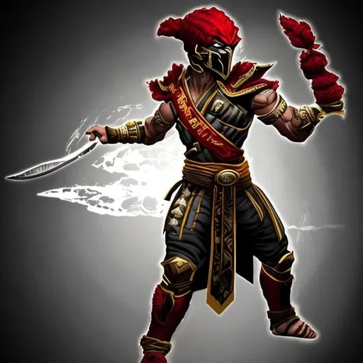 Prompt: Create a mortal Kombat character Sinoko With a weapon called the Eku He has the appearance of a Jamaican, Asian and Latino. He wears a an armor. representing the name Scarlet