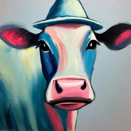 Prompt: Cow with a blue hat