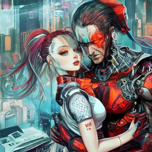 Prompt: Man and woman, embracing, corporate, pharmaceutical, radiation,  colorful, gothic, stalker, tattoos, cyberpunk, mech, red fire