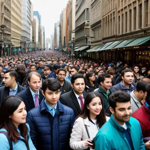 Prompt: crowd walking on city street looking at phones with faces