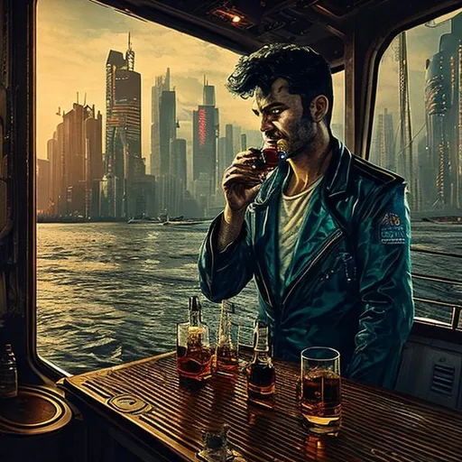 Prompt: American Sailor drinking whiskey on a boat, in a future dystopia environment in the art style of cyberpunk.