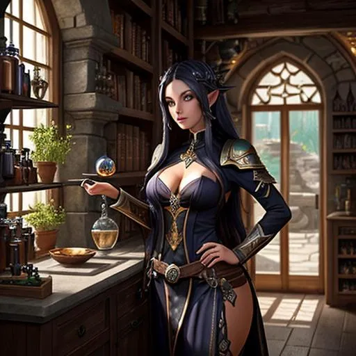 Prompt: Beautiful gorgeous otherworldly dark elf goddess that is an artificer alchemist using an alchemy station in the forefront standing in a room with potion and book covered shelves on stone walls and gorgeous exotic plants hanging in windows in the background, dark fantasy setting 