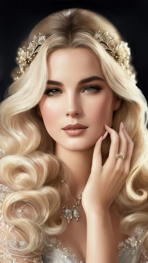 Prompt: grace kelly,  fantasy, intricate, highly-detailed, elegant, dramatic lighting, gorgeous face, lifelike, photorealistic face, long luxurious lace gown, digital painting, artstation, illustration, concept art, smooth, sharp focus, art by Jude Palencar, Luis Royo, John Collier and Albert Aublet and Krenz Cushart and Artem Demura and Alphonse Mucha