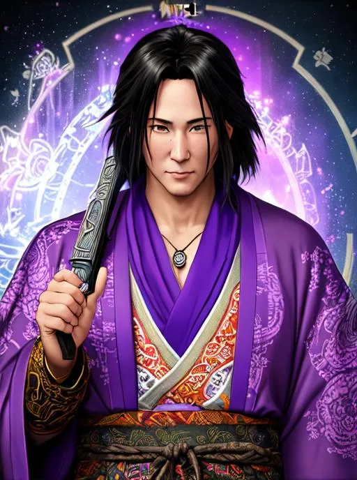 Prompt: World of Warcraft art style, A highly realistic and extremely detailed face full body portrait. Holding a weapon in both hands. Wearing a purple cloak over a his vagabond samurai kimono that he wears under and also Wearing an intricate patterned bandana on his head and Wearing a Cotton Shemagh Tactical Desert Scarf Wrapped on his neck. The character should be modeled after keanu reeves,  a fantastical Ronin young prince with handsome long, messy, and wavy silvery black hair, thin arched eyebrows, and striking bright orange eyes. A handsome Keanu Reeves male character from Warcraft. The artwork should be created in either 4K or 16K resolution and should be of photo realistic quality."
((Width: 512)), ((Height: 627)))