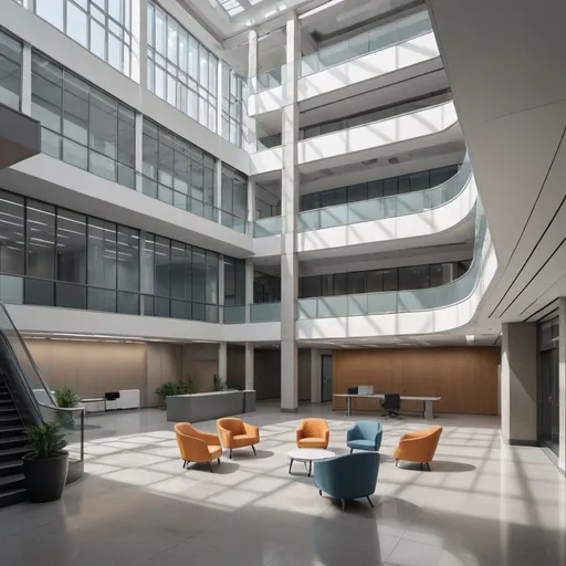 Prompt: a highly detailed image of a 2020s office building atrium, modern  colors, devoid of people, recent signs of use, empty seating in waiting area, empty reception desk area, magazines, liminal aesthetic