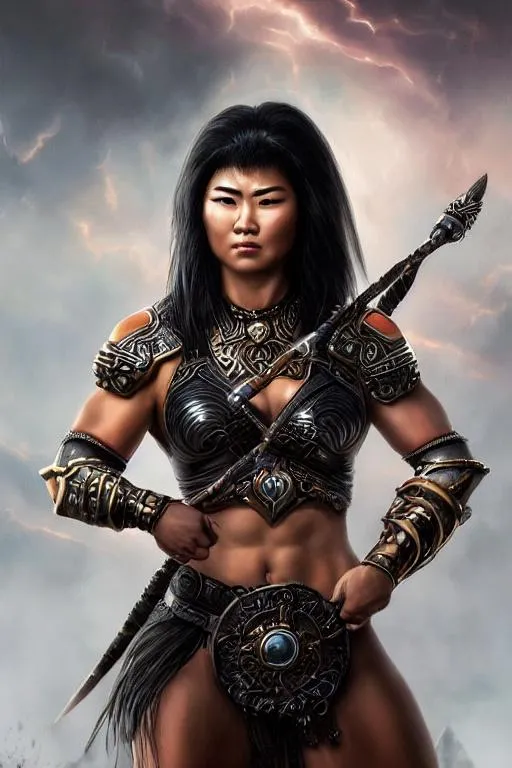 Prompt: realistic detailed image of an athletic, muscular, asian warrior woman, mean scowl, dark hair, silver jewelry set, highly detailed, digital painting, Trending on artstation, HD quality