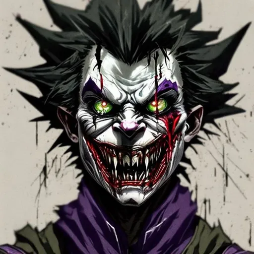 Prompt: Nightmare fuel. Black, khaki and dark purple joker fused with deku. Face scars. Sharp teeth. Tattoos. Muscular. Accurate. realistic. evil eyes. Slow exposure. Detailed. Dirty. Dark and gritty. Post-apocalyptic Neo Tokyo. Futuristic. Shadows. Sinister. Armed. Fanatic. Intense. 