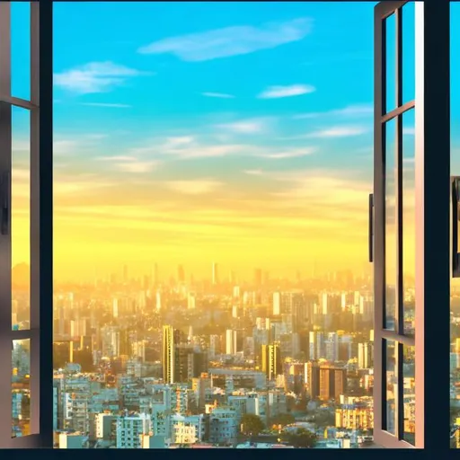 Prompt: A window view of city, dusk, anime style, yellow