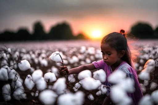 Prompt: sunset and little girl picking cotton in a cotton field while it's raining